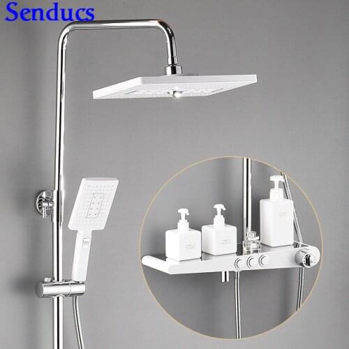 Senducs Thermostatic Shower Set Quality Brass Bathroom Shower Mixer Tap Square Hand Shower Head White Chrome Shower System