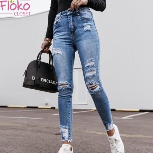 Flokocloset Vintage Washed Ripped Denim Jeans Femme Casual Slim Skinny Pockets Pants Women Blue Pencil Trousers Streetwear