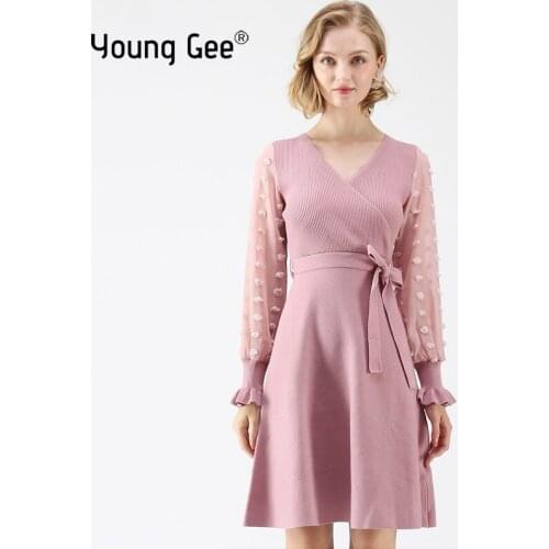 Young Gee Women Knitted Dress Autumn Knitwear Belt Lantern Sleeve 2019 Fashion Elegant Pink Black V-neck Party Dresses Robe Feme