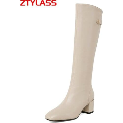 2021 Fashion Square Toe Women Boots Faux Leather Knee High Boots Autumn Winter Low Heel Long Boots Fashion Zip Shoes Size 42 43