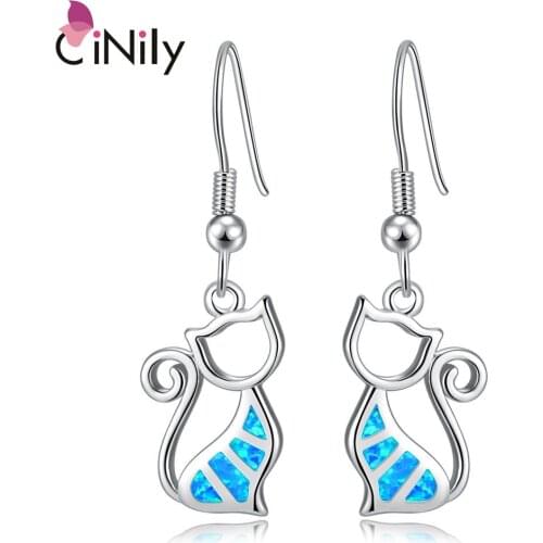 CiNily Created Blue Fire Opal Silver Plated Earrings Wholesale Lovely Cute Cat for Women Jewelry Dangle Earrings 1 1/2" OH3495