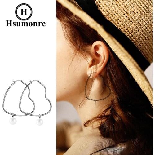 Women Heart Hyperbole Hoop Earrings Big Geometric Dangle Pearl Earrings Silver Color Titanium Steel Piercing Jewelry 30 40 50 MM