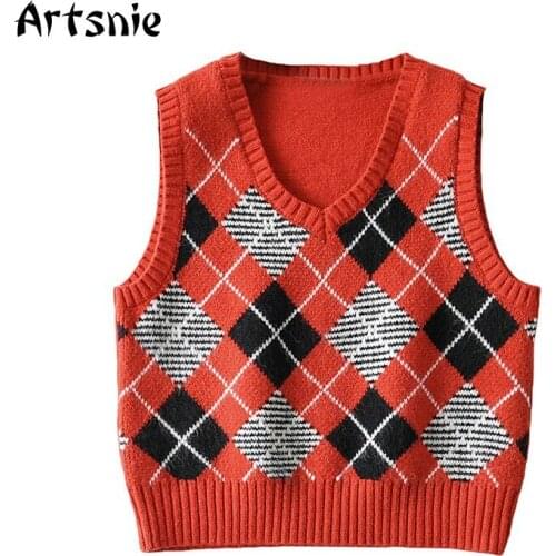 Artsnie Streetwear Argyle Sweater Vest Women Spring V Neck Sleeveless Pull Femme Vintage Red Knitted Ladies Crop Sweater Vest
