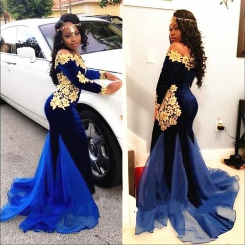 Royal Blue Velvet with Gold Lace Prom Dresses Long Sleeve Off Shoulder Mermaid Formal Evening Party Gowns Customize Plus Size