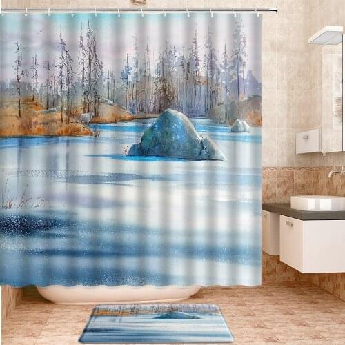 Winter Landscape Shower Curtains Set Bath Mats Rugs Carpet Natural Scenery For Home Bathroom Decor Curtain Bathroom Products