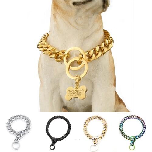 15mm/19mm Gold Dog Chain Collar With Customized Pet Dog ID TagTraining Collar For Large Medium Dogs Customize Size Gift Jewelry
