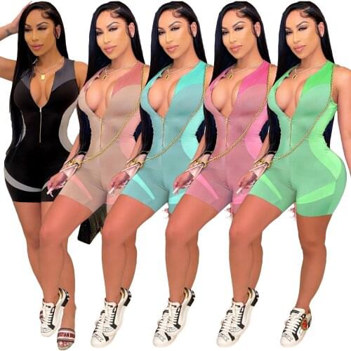 2021 Summer Fashion Jumpsuit Slim Printed Shorts Women Sexy Sleeveless Zipper Night Club Stitching Casual Jumpsuit Womens Sexy