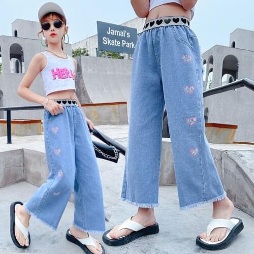 Jeans For Girls Heart Pattern Teenager Loose Straight Casual Pants 2021 New Trousers For Children Summer Jeans Clothes 4-13Years