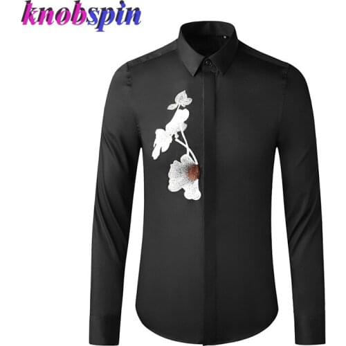 Elegant Embroidery Men Shirt Solid Long Sleeve Business Male Dress Shirts Casual Slim Cotton Chemise Homme Plus Size XXXL Camisa