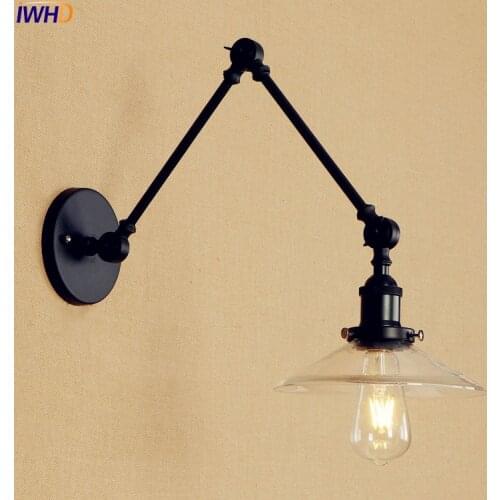 IWHD Black Edison LED Wall Lights For Home Lighting Bedroom Adjustable Long Arm Wall Lamp Beside Glass Lampshade Apliques Pared
