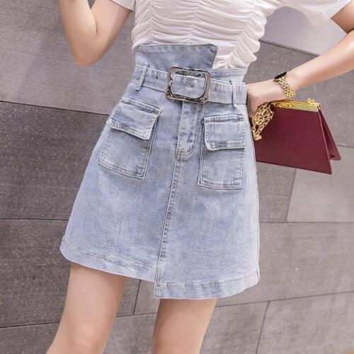 Summer women skirts denim fabric mid-long A line high waist mini skirts students skirts ladies summer dress belt free