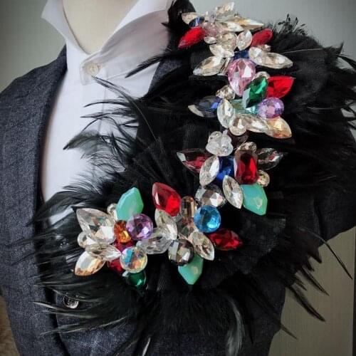 Men Alloy Chain Lapel Pin Punk Feather Brooches Child Women Wedding Party Mesh Lace Rhinestone Tassels Sequined Shoulder Corsage