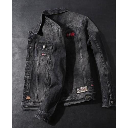 New European and American style denim jacket for men slim personality torn patch lapel jacket black casual jacket for men