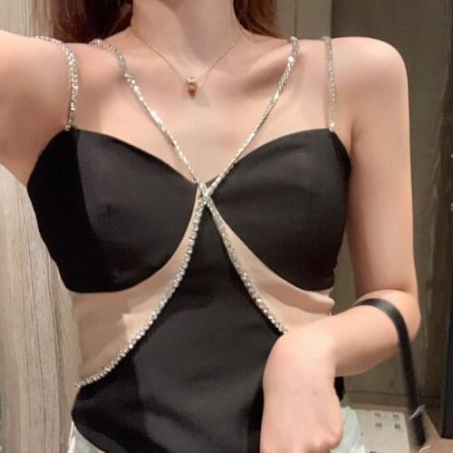 European Summer New Heavy Industry Diamond Chain Sling Hit Color Suspenders Camis Women Tops Fashion Streetwear 2021
