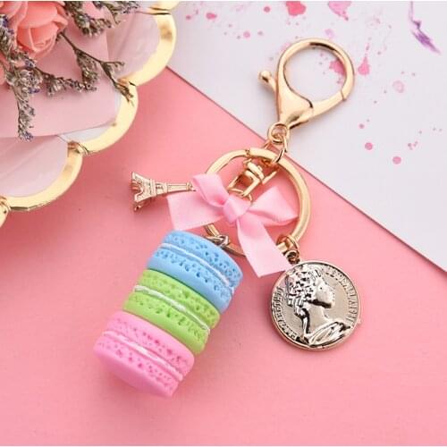 New macaron cake keychain bow Paris tower key ring charm car keychain party gift Jewelry 3087