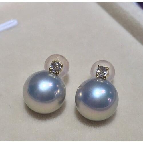 Princesa estilo 8-8.5mm japão mar redondo akoya prata azul pérola brinco 18k ouro