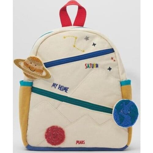 New Childrens Stitching Cotton Canvas Earth Star Ball Embroidery Backpack Cute Girl Color Matching Casual Small School Bag