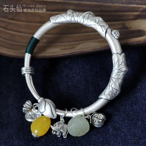 Pure silver solid retro ethnic romance Su beeswax jade lotus foot silver push-pull mother silver bracelet thick