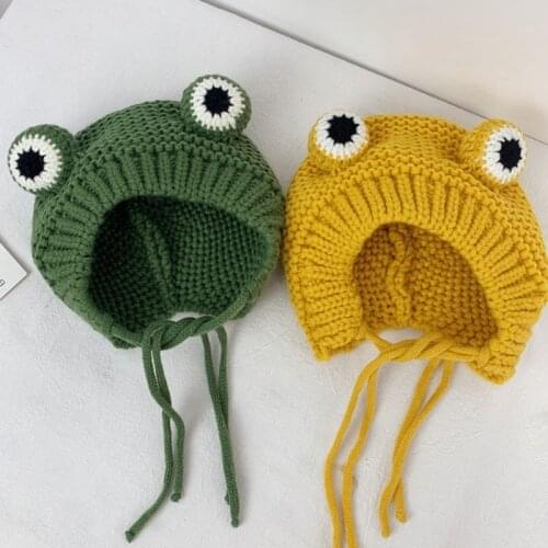 Kids Baby Winter Warm Chunky Cable Knitted Beanie Hat Cute Cartoon Frog Shaped Warm Plush Lined Windproof Earflap Cap