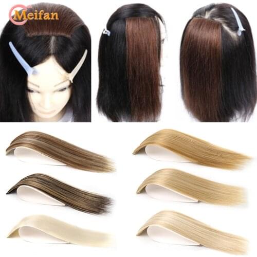 MEIFAN Short Straight Patch Hair Pieces Invisible Clip in Hair Extension Fluffy Synthetic Natural Fake Pad Hight Hairpieces
