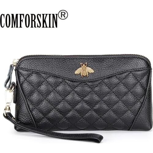 COMFORSKIN Genuine Leather Clutch Wallet For Women Dropshipping New Arrivals Bee Print Zipper Purse With Hand Rope Clutch Bags