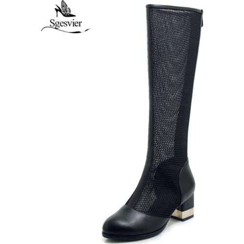 Sgesvier 2019 new round toe boots women hollow out summer shoes zipper party shoes square heel hollow out knee high boots G103
