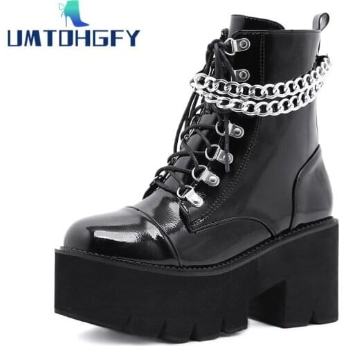 41 42 43 Patent Leather Gothic Black Boots Women Heel Sexy Chain Chunky Heel Platform Boots Female Punk Style Ankle Boots Zipper