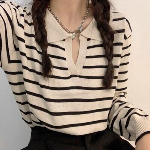 Women Knitted Long Sleeves T-shirt Tops Casual Loose Stripe Tops Retro V Neck Tee