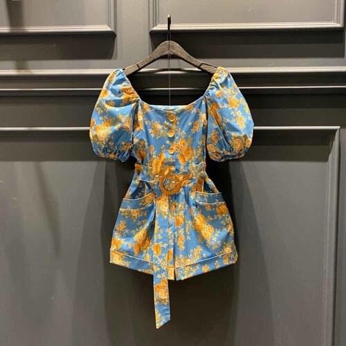 Korean Dongdaemun 2021 Summer New Square Collar Floral Puff Sleeve Lace-up Waist Hugging Wide Leg Jumpsuit Womens Fashion