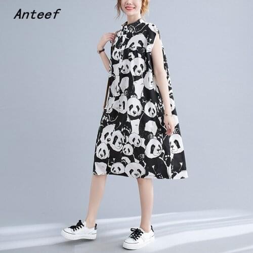 Anteef sleeveless cotton vintage panda animal print dresses for women casual loose midi woman summer dress elegant clothes 2021