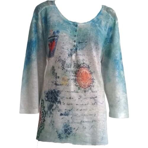 Women Capri-Sleeved Stone Ruched Button Slit Asymmetrical Large Size Tunic KTU-TRD-DY 432669709