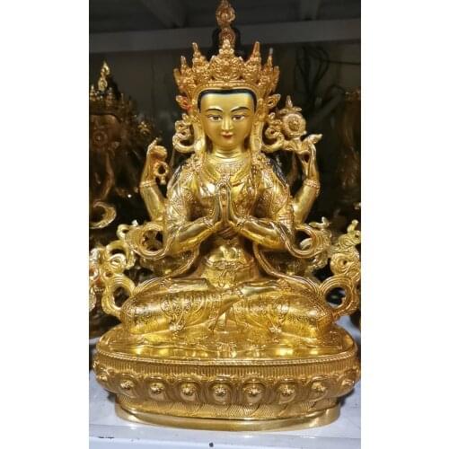 Asia Buddhism gold gilding Four-armed Avalokitesvara Bidhisattva Guan yin Buddha brass statue HOME family effective protection
