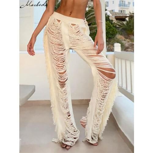 Macheda Autumn White Sexy Hollow Out Trousers Women Y2K High Waist Fashion Streetwear Casual Slim Long Pants Lady 2021