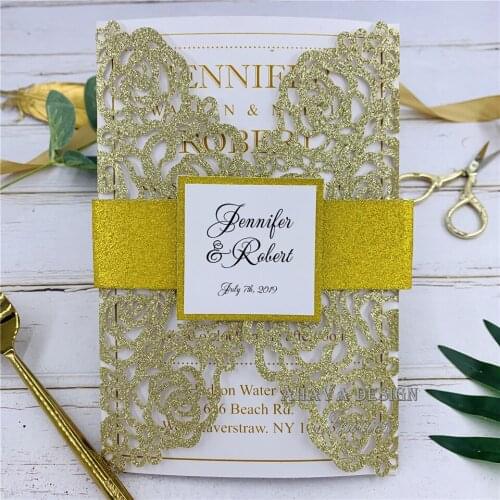 Elegant Glitter Champagne Laser Invites for Wedding, Quinceanera And Sweet 16, Customizable Invite With Belly Band & Envelope