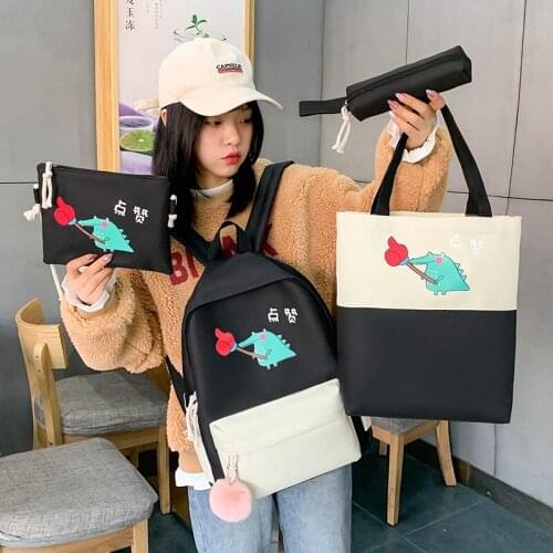 4pcs canvas female backpack cute kids school Bag Cartoon Pattern school bag for teenager girl Female Backpack
