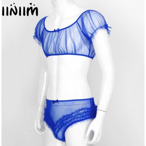 Mens Sissy Exotic Sets See Through Mesh Transparent Sexy Lingerie Off Shoulder Crop Top with Frilly Ruffle Underwear Panties