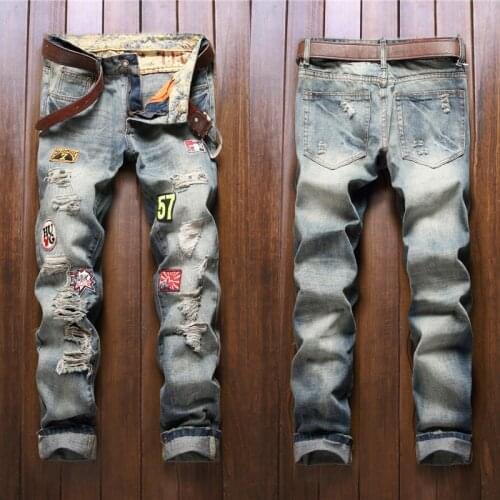 2021 Men’s Beggar Look Ripped Denim Pants,Badge Embroidery Distressed Jeans,Scratched Blue Jeans Pants,Youth Fashion Must