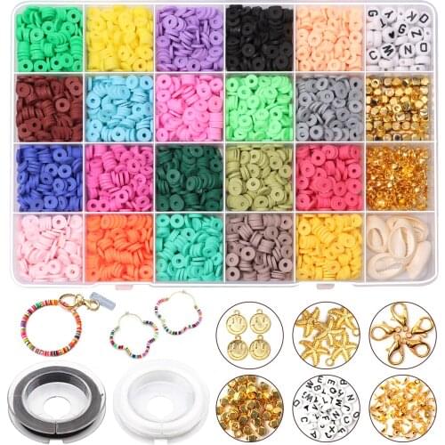 Polymer Beads Kit Flat Round Clay Spacer Beads with Pendant Charms Kit and Elastic Strings for DIY Kit Jewelry Making Bracelets