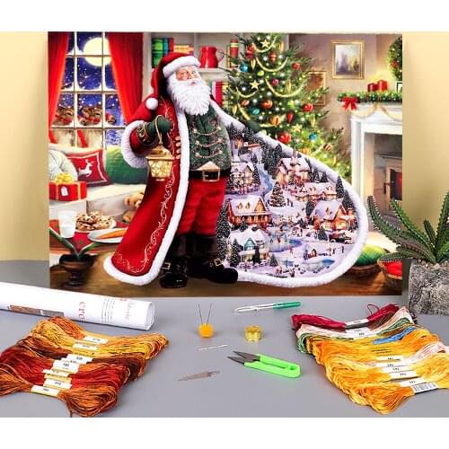 Christmas Village Printed Canvas 11CT Cross-Stitch DIY Embroidery Complete Kit DMC Threads Painting Handicraft Decor