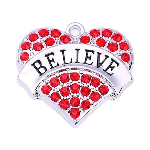 New Arrival Hot Selling 20 pcs a lot rhodium plated BELIEVE with red/pink/blue/white crystal heart pendant Drop Shipping
