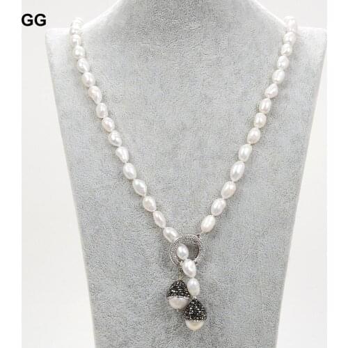 JK 40" White Baroque Loop Necklace Keshi Pearl CZ Pendant