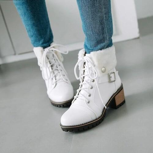 PXELENA 2018 Winter Lace Up Boots Female Footwear Round Toe Chunky Block High Heels Ankle Boots Women Shoes Buckle 34--43