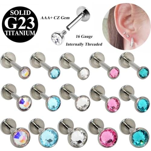 1PC G23 Titanium Flat CZ Gem Internally Threaded Labret Stud Ear Tragus Cartilage Helix Earring Fashion Body Piercing Jewelry