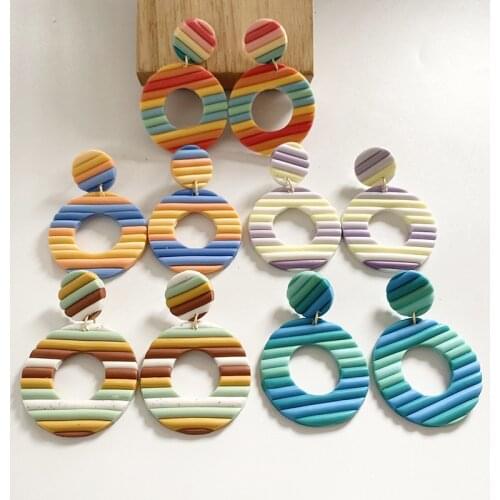 All handmade clay clay earring rainbow bar multicolor artistic texture round geometry earring earrings trend accessoriesforwomen