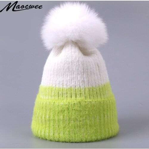 Real Natural Fox Fur Pom Pom Beanie Hat Winter For Women Men Knitted Solid Color Warm Thick Soft Hedging Cap Outdoor Ski Bonnet