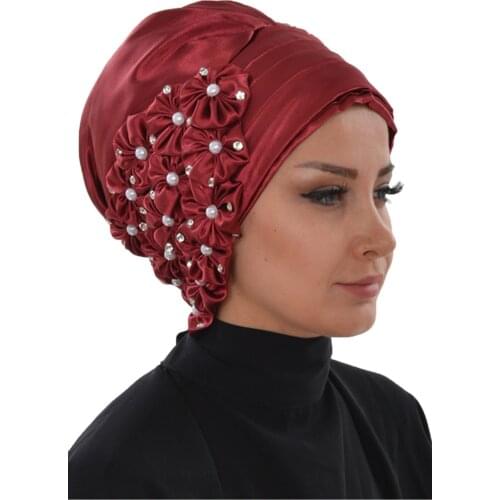 Cubic zirconia Flower Accessories Satin Ready Turban hijab muslim hijab caps Musulman muslim for women plain weave women b