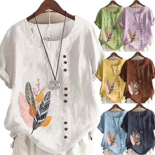Womens Elegant Fashion Linen Shirt Cartoon Feathers Printed T-shirt Lady Summer Short Sleeve O-neck Loose Tops Blouse S-5XL