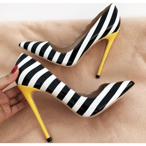 Women pumps white black narrow stripes sexy yellow high heels women shoes 12cm stilettos strip QP025 CHENSIR9