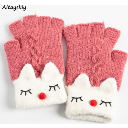 Gloves Women Winter Female Half-finger Student High Elasticity Warm Couples Womens Soft Knitted Kawaii Patchwork Ladies Lovely