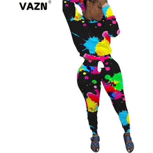 VAZN 2020 New Print Comfortable Women Sport Running Girl O-neck Set Gym Clothing Sport Suit Women Full Sleeve Tracksuit